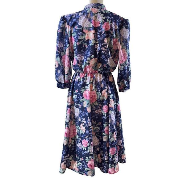 80s Vintage California Looks Dark Blue and Pink Floral Crepe Midi Dress Size 12 - Picture 2 of 6